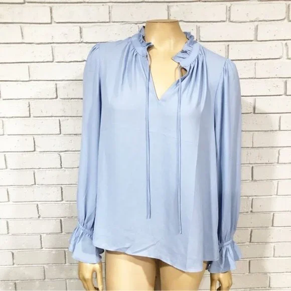 J.Crew Women’s Drapey Blue ruffle tie-neck top - Size Medium - Picture 4 of 14